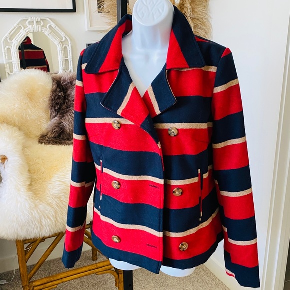 Jack Striped Cropped Rugby Style Double Breasted Pea Coat Rugby Stripes Size S - Picture 8 of 11